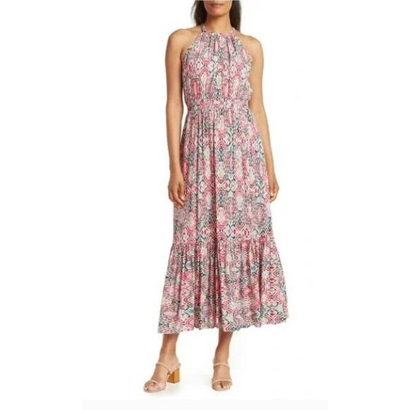 Calvin Klein Halter Neck Maxi Dress Tiered Sleeveless Sz 12 Large Allover Print - Picture 1 of 8